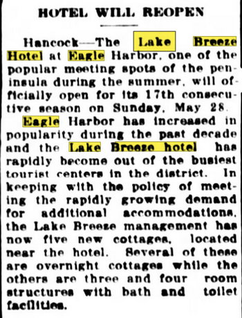 Lake Breeze Hotel - May 28 1939 Article